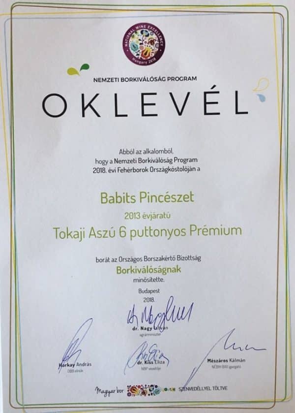 2018 National Wine excellence award - Babits Tokaji Aszu 6 puttony - 2013