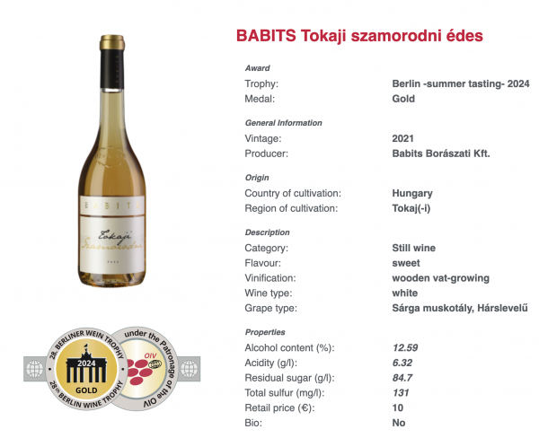 2024 Berlin Wine Trophy - Babits Szamorodni Sweet - 2021