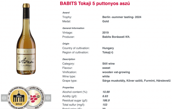 Berliner Wine Trophy Babits Tokaji Aszu 5 Puttony