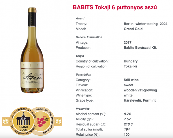 2024 Berliner Wein Trophy Babits Tokaji Aszu 6 puttony